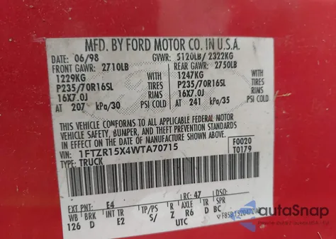 1998 Ford Ranger Splash/Xl/Xlt z USA, uszkodzony, nr VIN 1FTZR15X4WTA70715